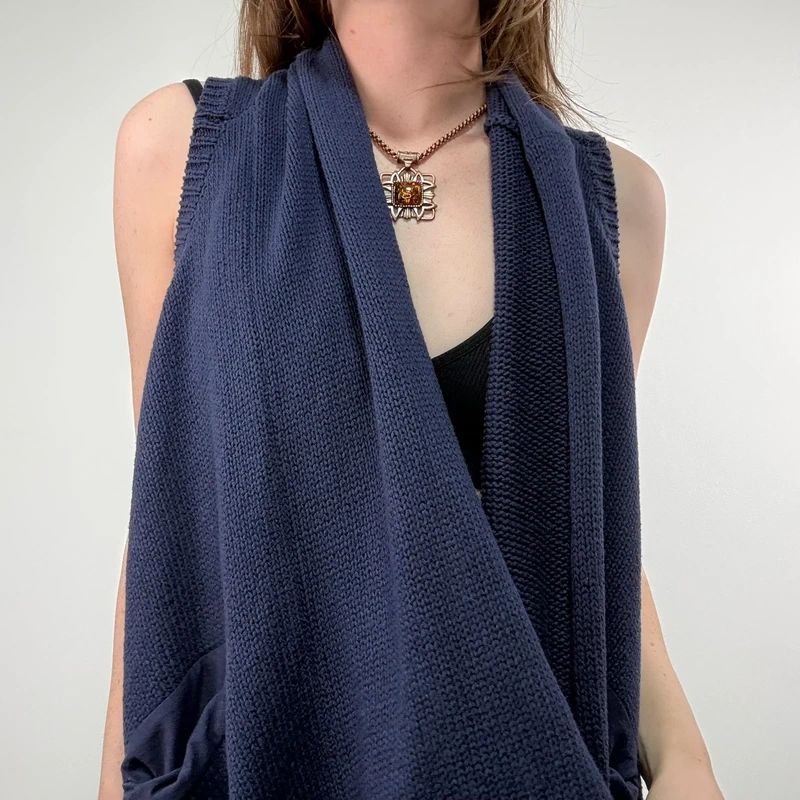 Navy knitted slouchy draped neck vest sweater