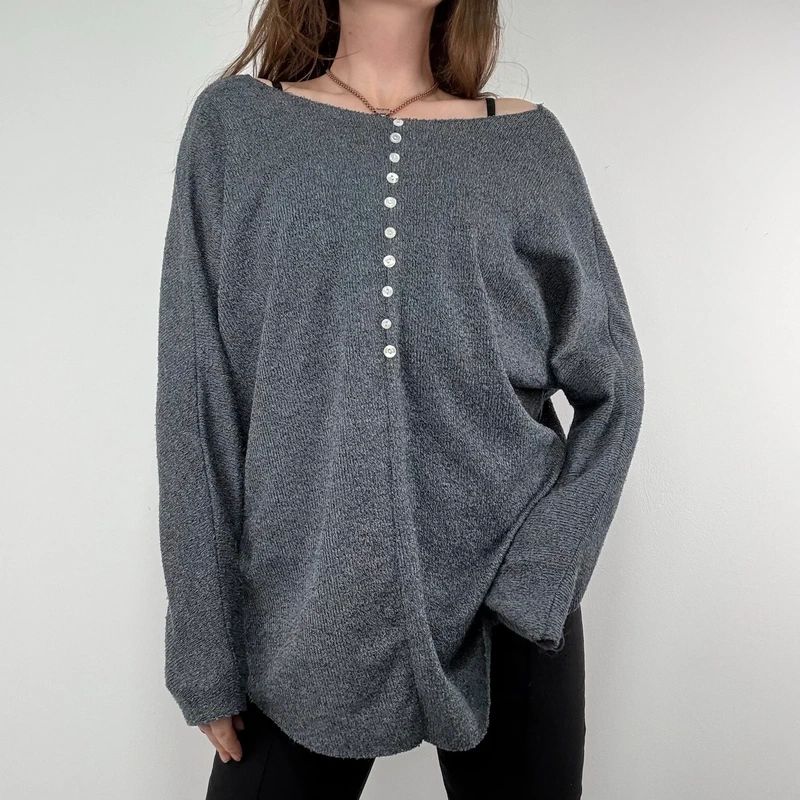 grey henley button detailed slouchy off the shoulder t-shirt