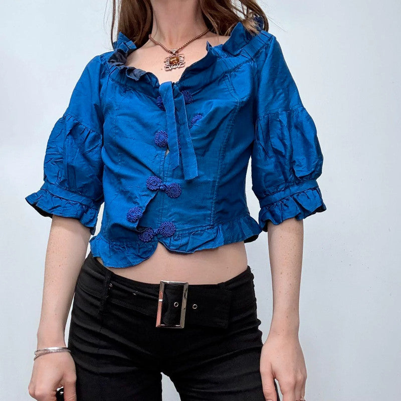 blue silk off the shoulder ruffle blouse