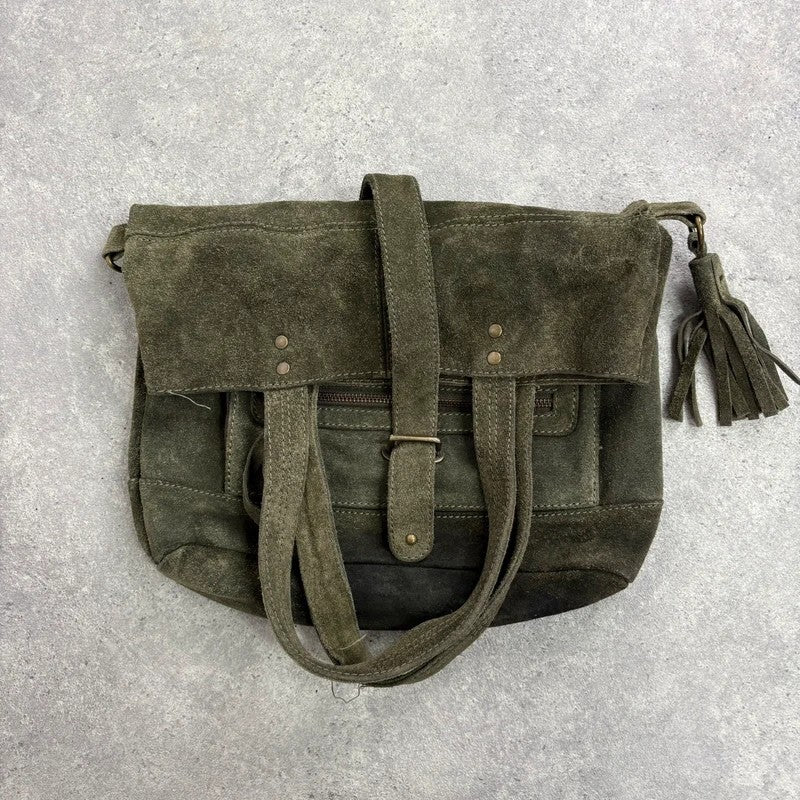 Khaki green suede leather tassel tote bag