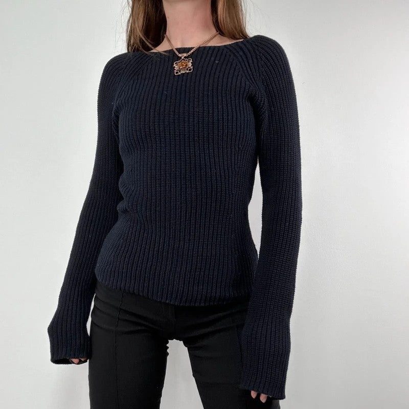 chunky navy knitted slash neck fisherman rib jumper