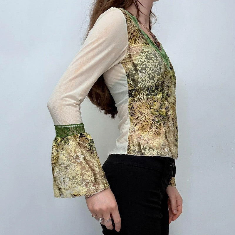 khaki flared lace boho shirt