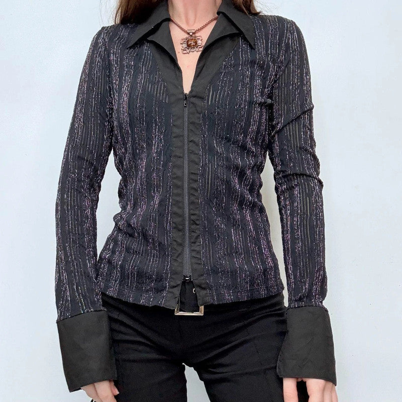 black pinstripe flared office shirt