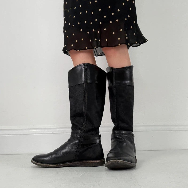 Black leather cowhide pony skin knee high boots
