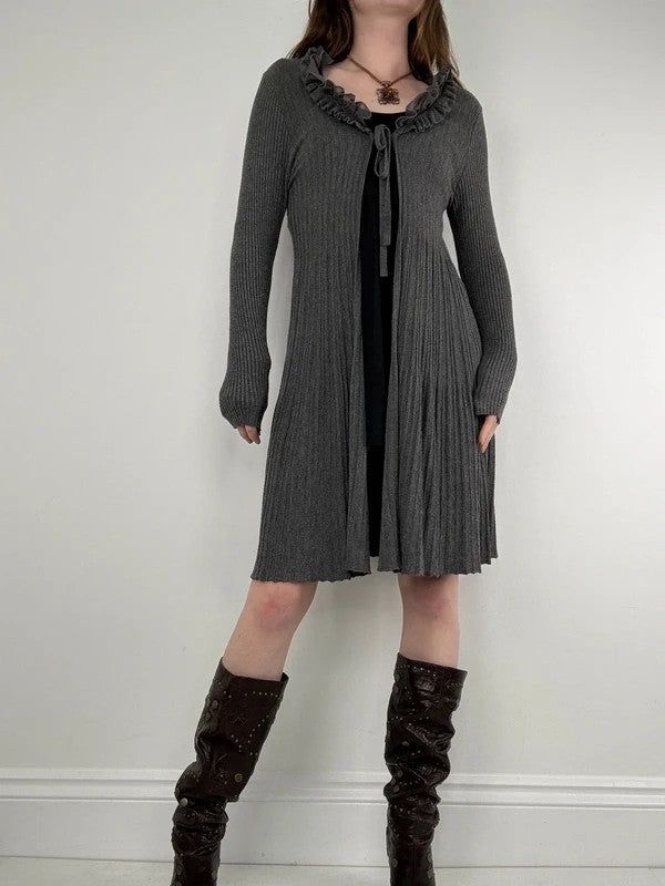 ribbed knit flutter grey long ruffle cardigan