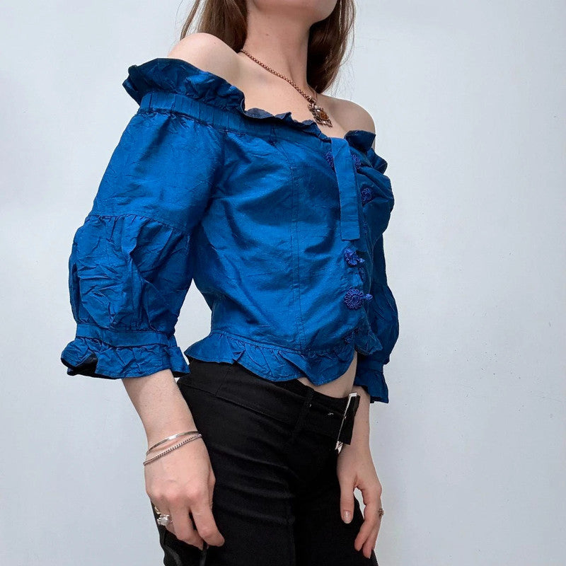 blue silk off the shoulder ruffle blouse