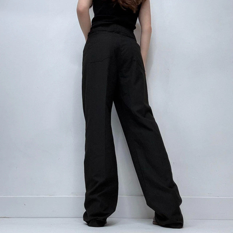black pinstriped flared trousers