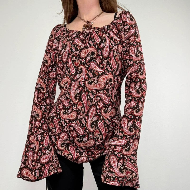 paisley flared wide neck blouse