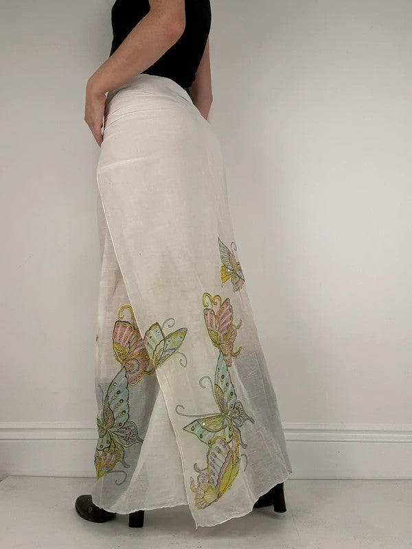 White cotton sheer butterfly summer maxi cover-up
