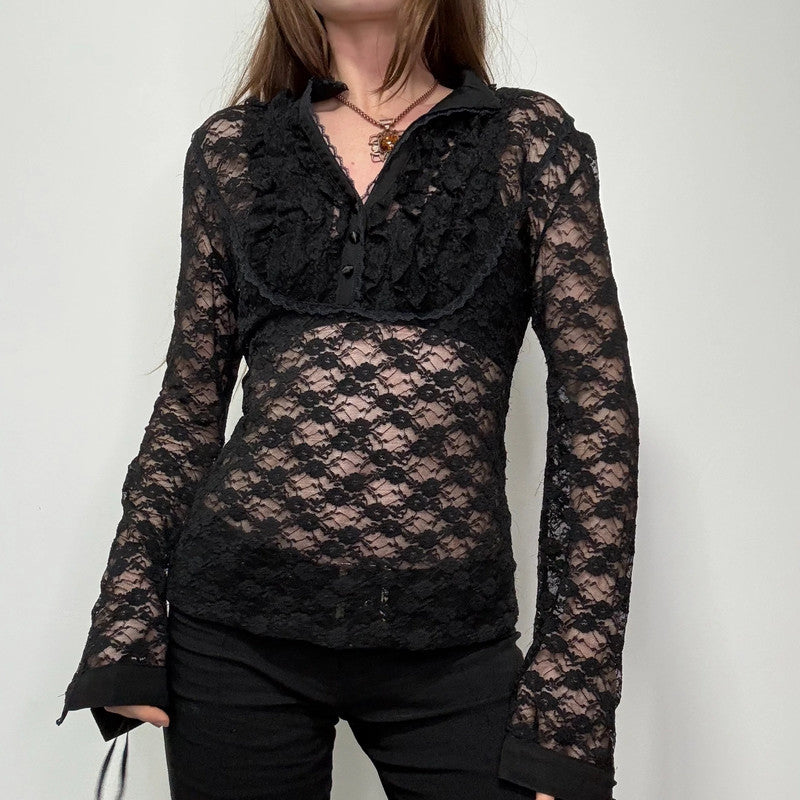 black lace fitted ruffle shirt