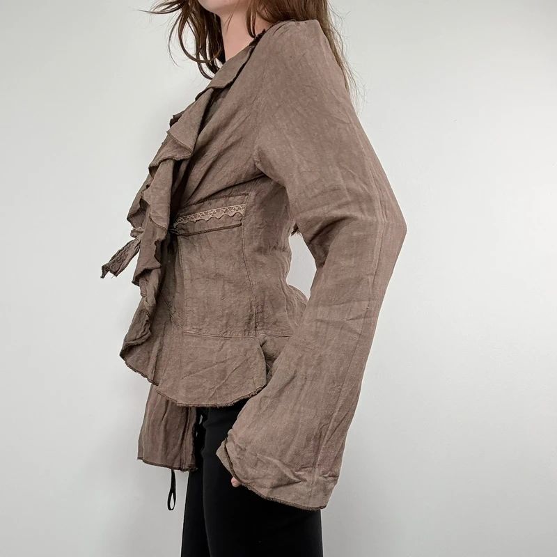 brown linen flared fitted ruffle shirt