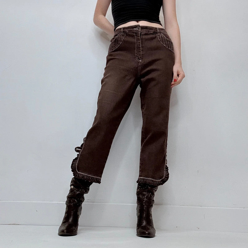 dark brown denim ruffle hem coquette capri pants