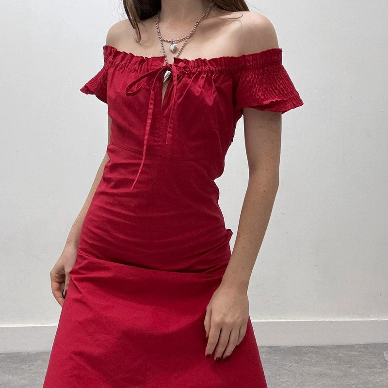 red off-the-shoulder coquette dress
