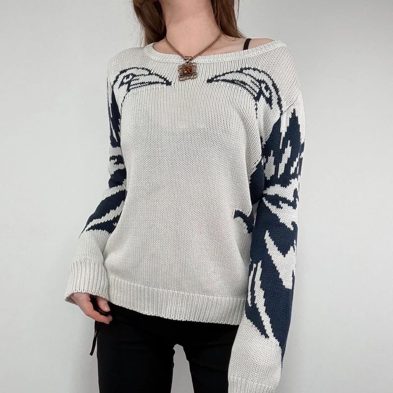 chunky knitted slouchy neck graphic jumper