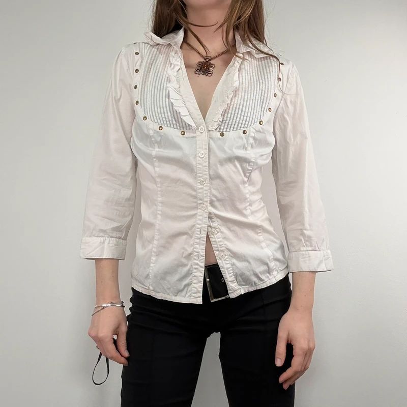 white pleated studded cotton napoleonic Morgan shirt
