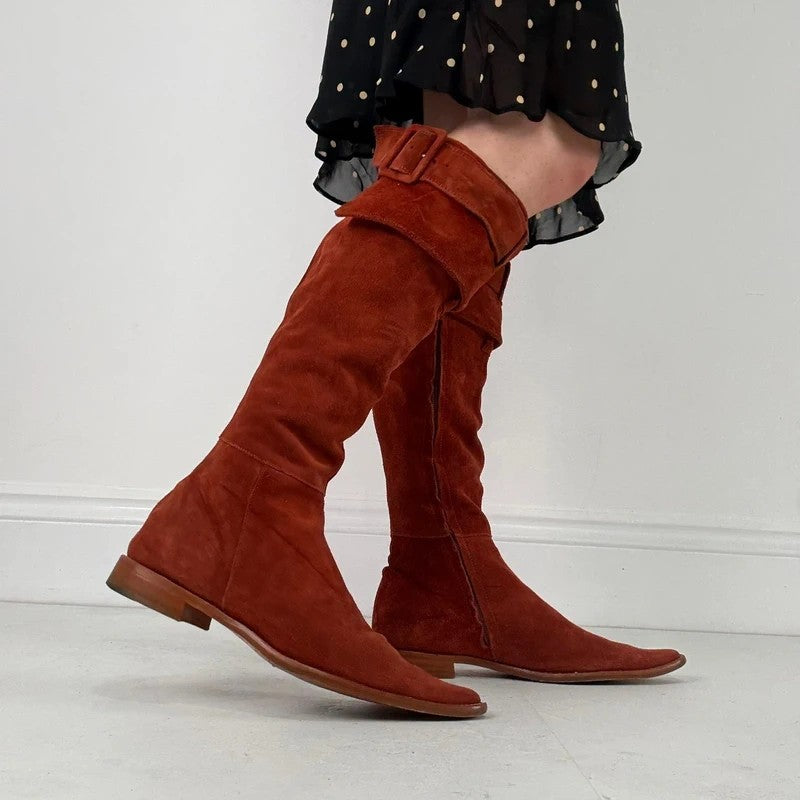 Pointed toe burnt orange suede buckle 70s boots