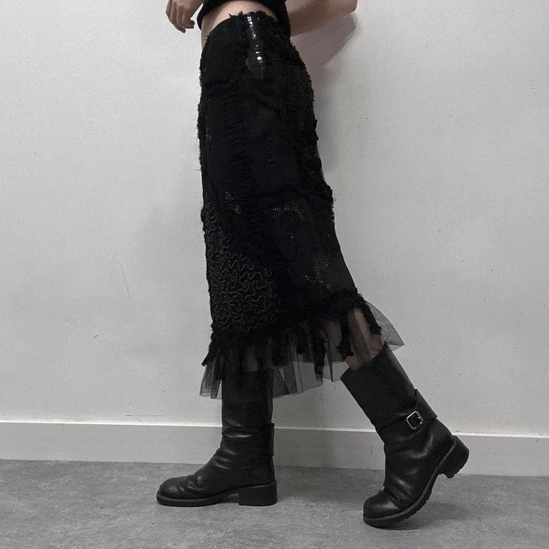 black sheer embroidered lace midi skirt