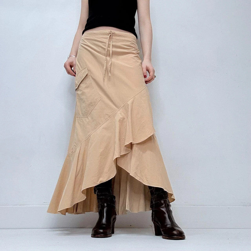 tan ruffle asymmetric boho skirt