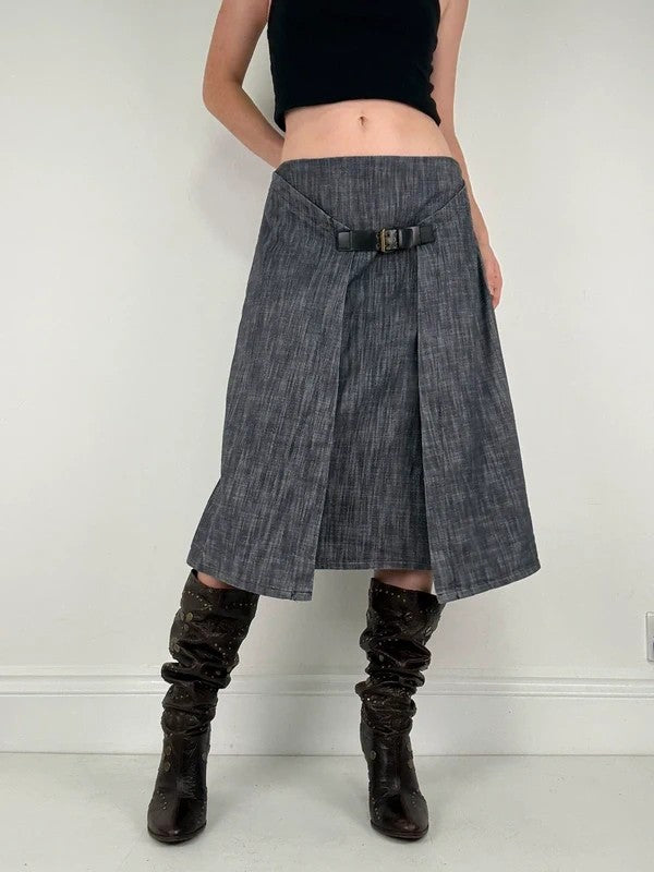 Pleated buckle front denim grunge midi skirt