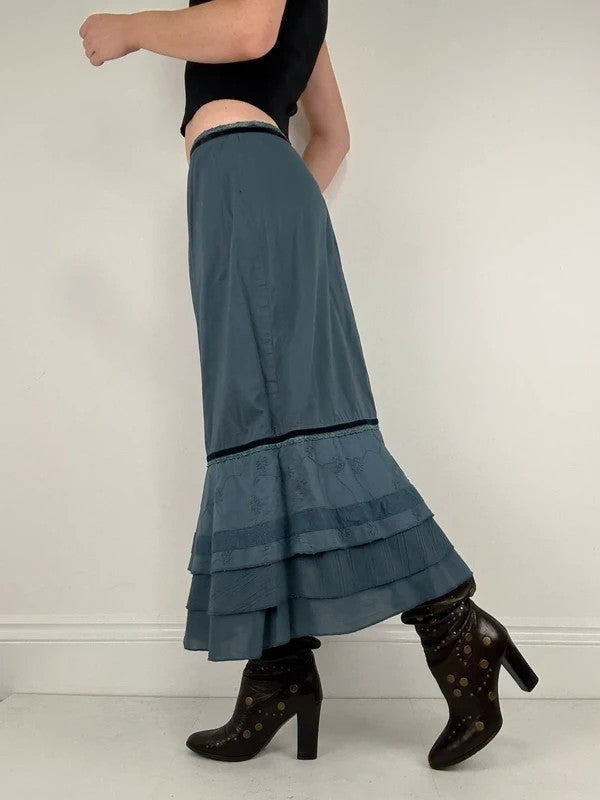 Blue cotton lace tiered maxi skirt