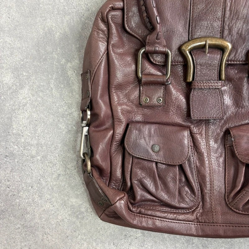 Brown buckle Y2K pocket slouchy tote bag