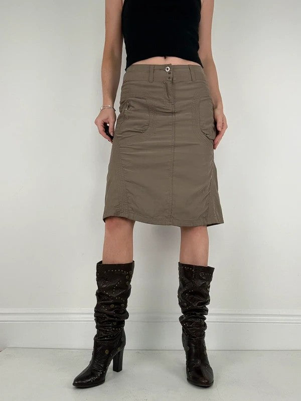 Khaki cotton cargo canvas a-line midi skirt