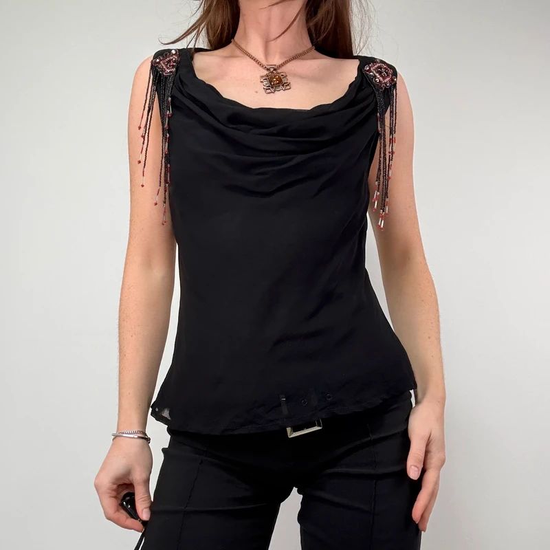 Vintage Black Drape Beaded Cami