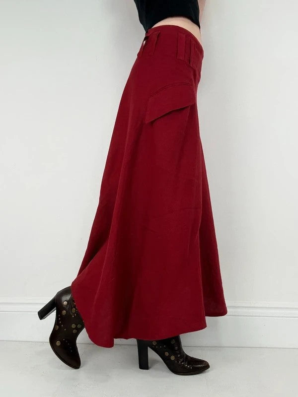 red linen bias cut asymmetric maxi skirt