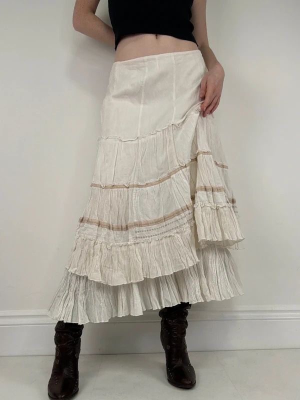 white pleated flared boho fairy maxi skirt
