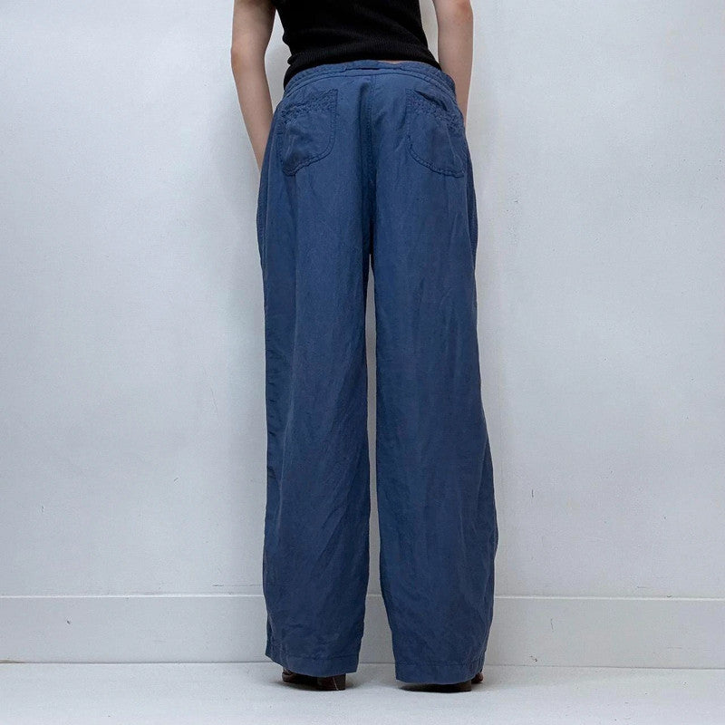 blue wide-leg linen silk drawstring trousers