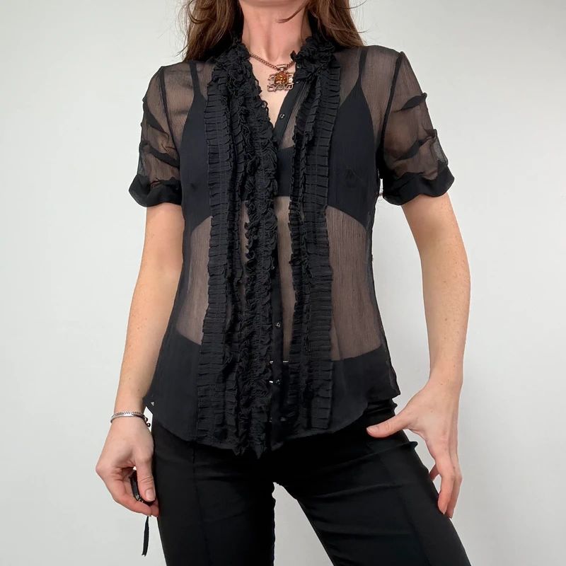 black sheer silk ruffle shirt with short sleeves