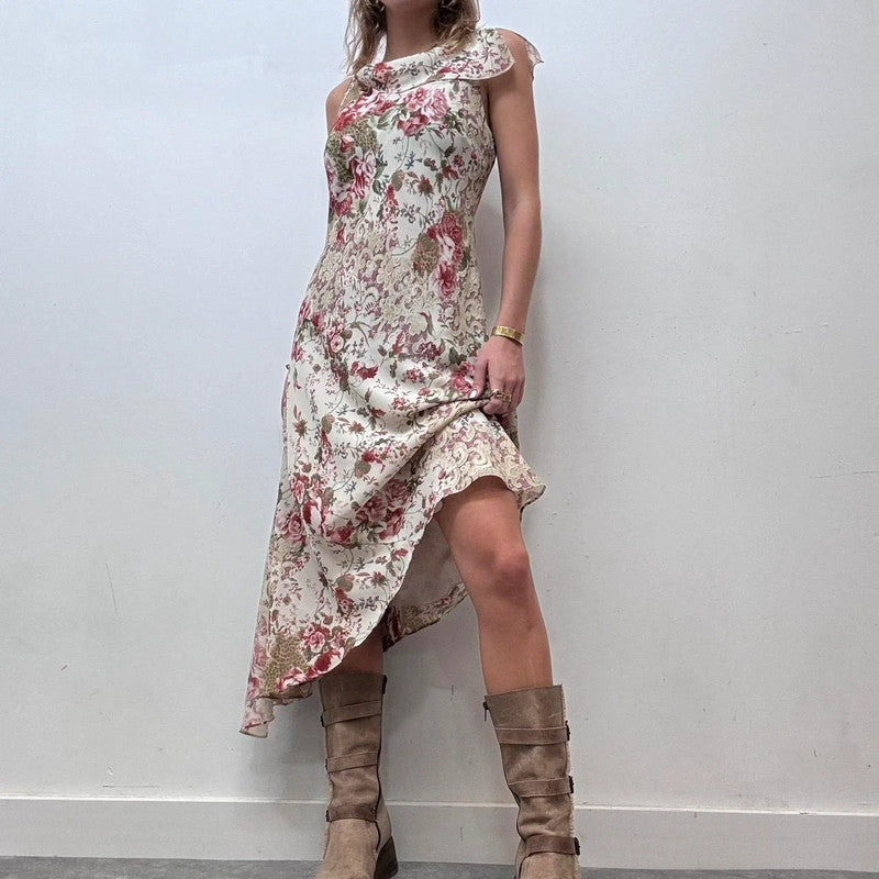 lace floral print sheer flutter maxi dress