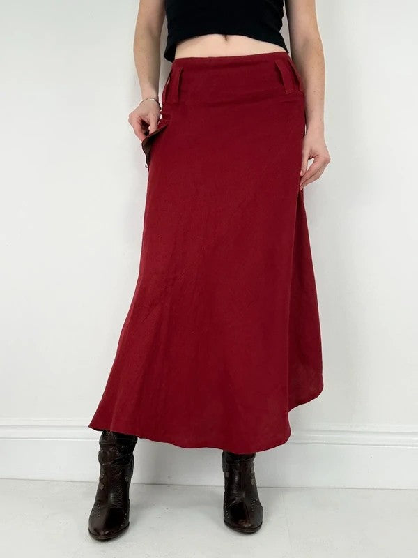 red linen bias cut asymmetric maxi skirt