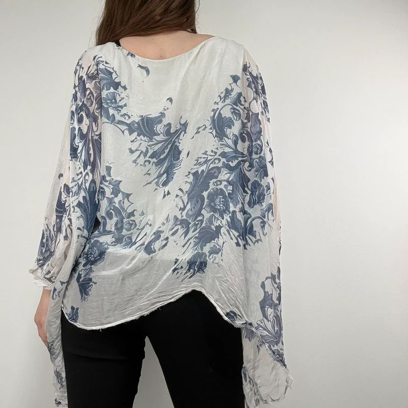 white and blue silk draped regency printed batwing blouse