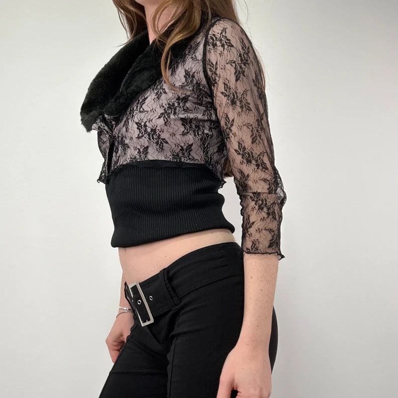 Lace Cropped Cardigan with Faux Fur Collar