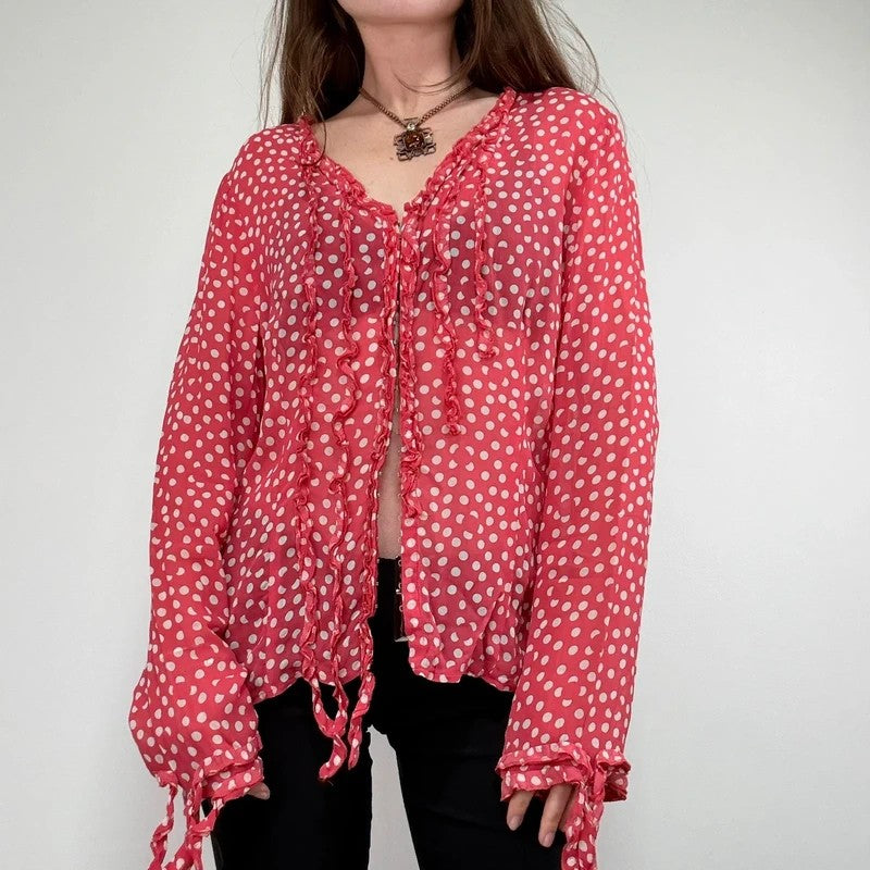 Red polka dot flutter fray blouse with hook and eyes