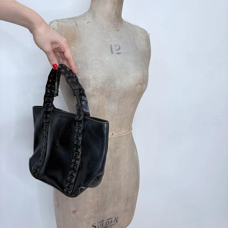 black leather studded eyelet bag