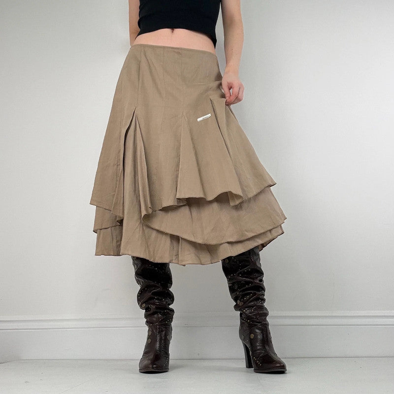 tan linen pleated asymmetric midi skirt