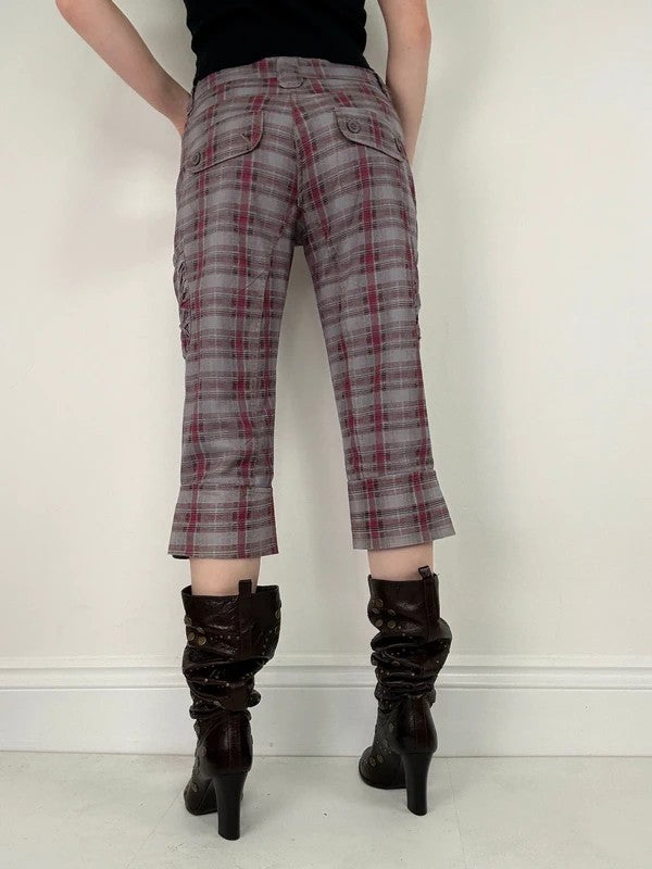 tartan checked red cargo denim capri pants