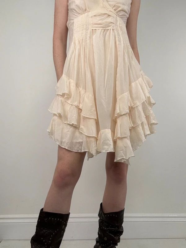 cream layered ruffle cotton silk summer mini dress