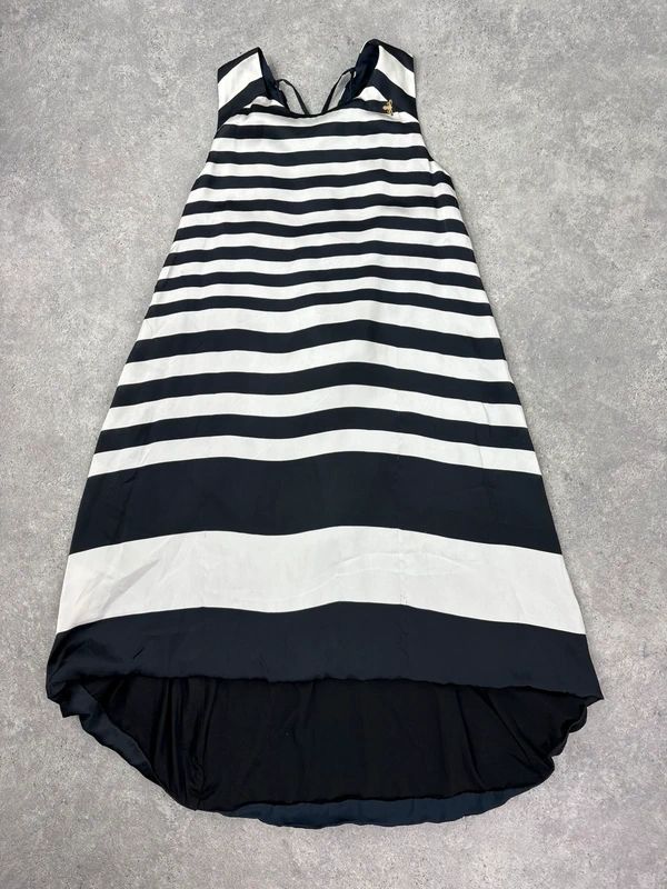 Navy and white striped asymmetric midi dress