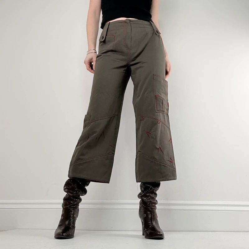 khaki cropped embroidered wide-leg trousers