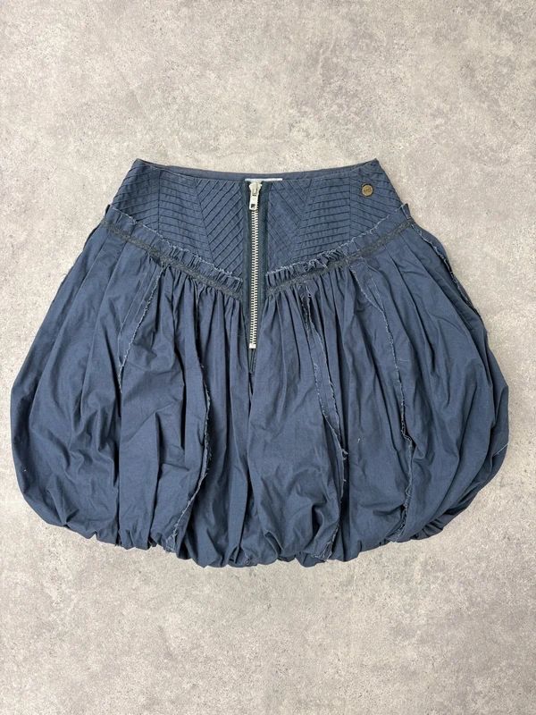 Puff parachute navy pleated midi flare skirt with zipper