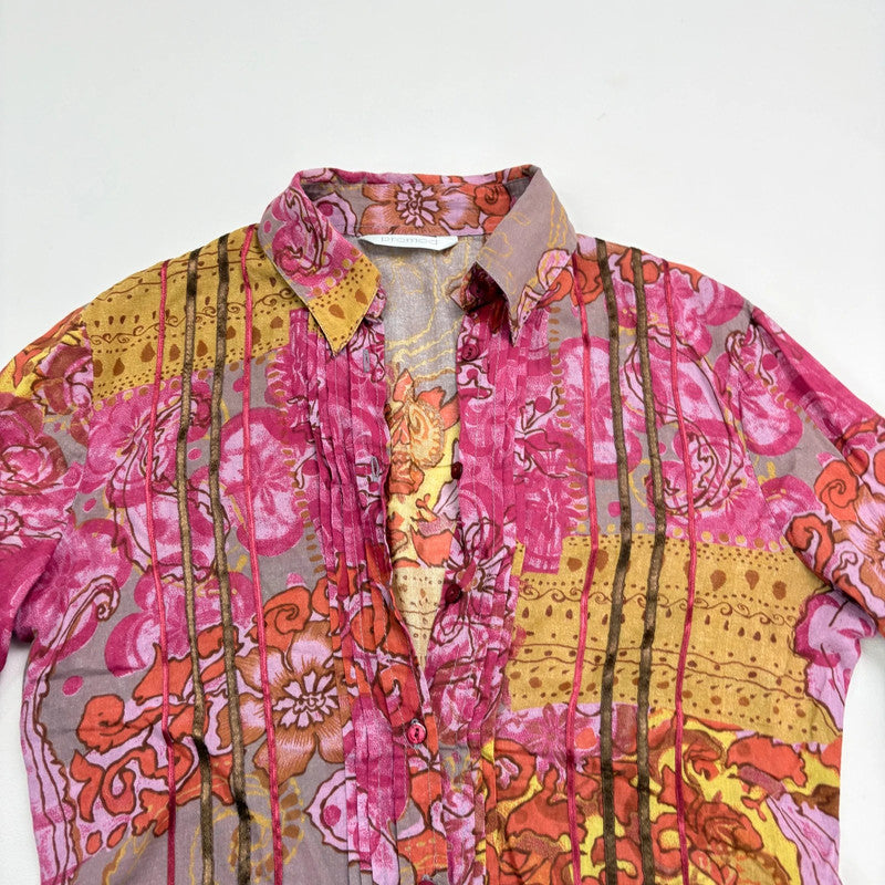pink and brown floral printed flared shirt