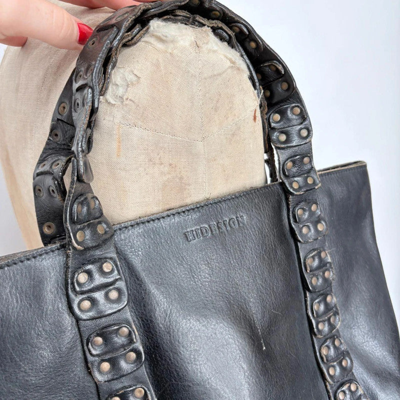 black leather studded eyelet bag