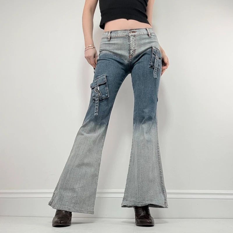 distressed fade flared jeans