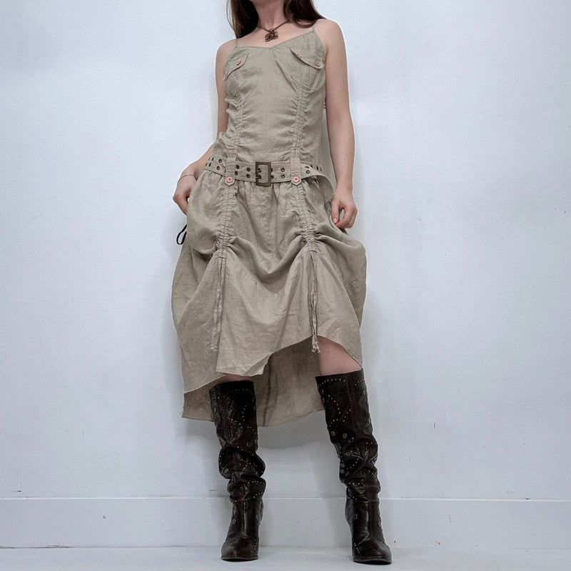 draped khaki belted grunge midi dress