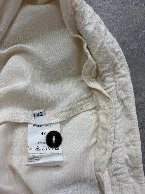 white linen flared utility button trousers