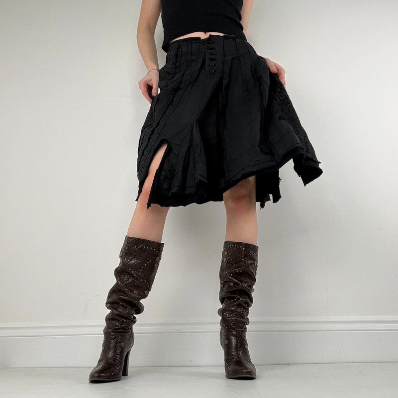distressed black linen asymmetric flared midi skirt