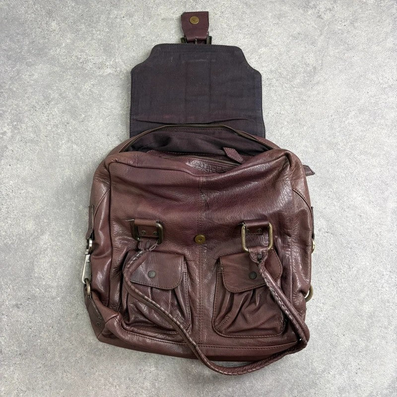 Brown buckle Y2K pocket slouchy tote bag